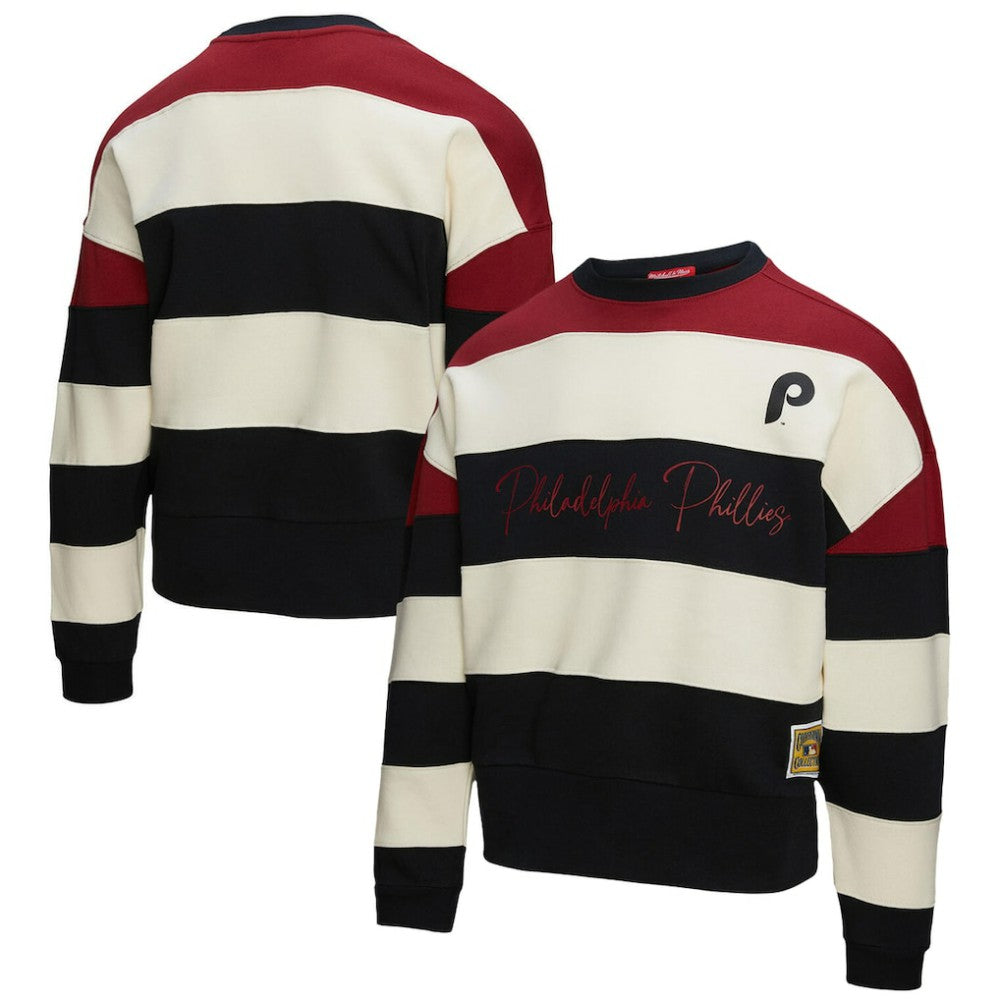 Philadelphia Phillies Women's Cooperstown Collection Blocked Fleece Pullover Sweatshirt- Burgundy/Black | Mitchell & Ness