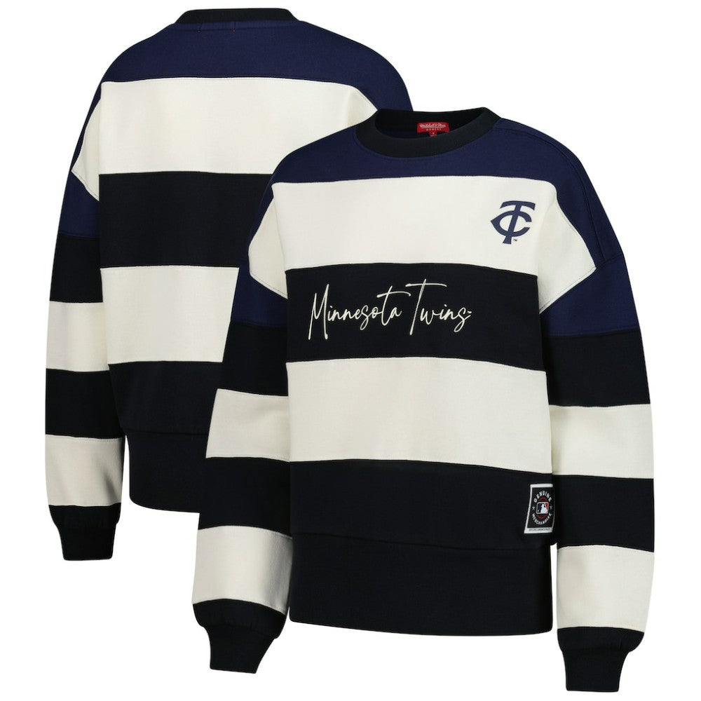Minnesota Twins Women's Cooperstown Collection Blocked Fleece Pullover Sweatshirt- Navy/Black | Mitchell & Ness