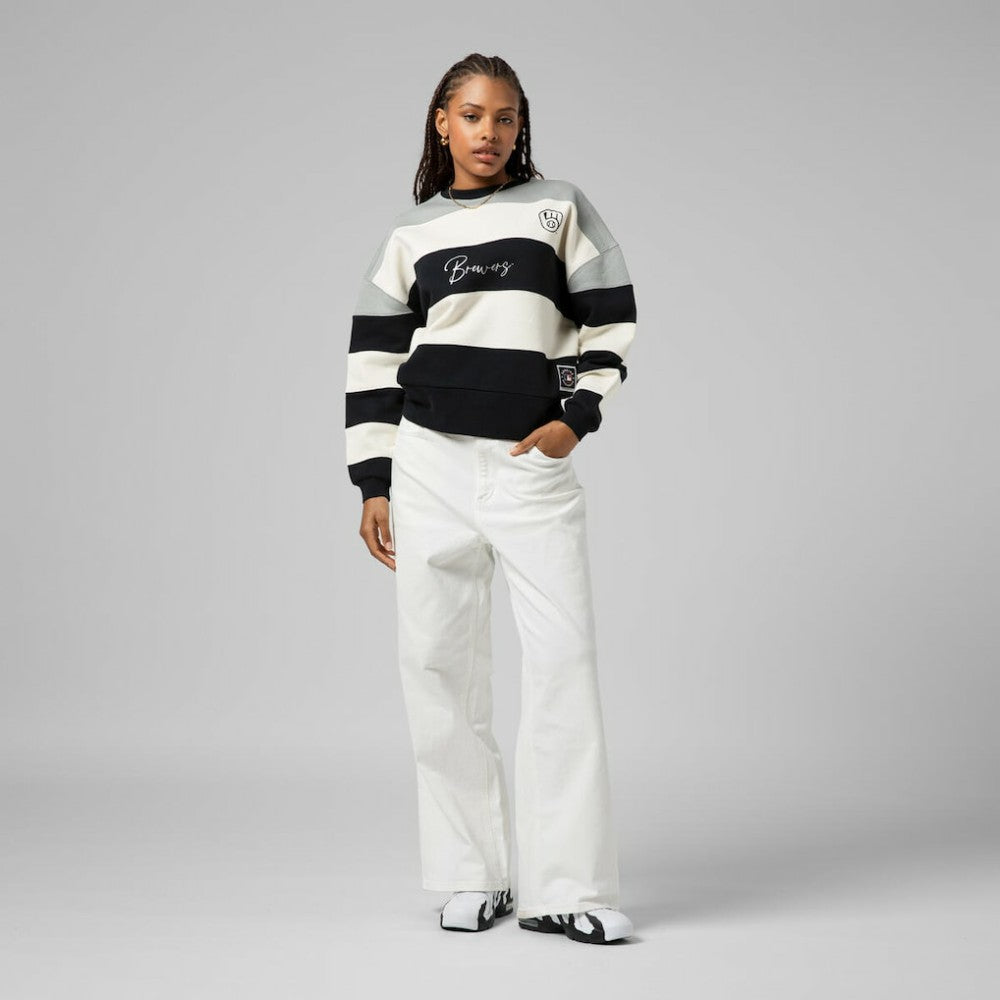 Milwaukee Brewers Women's Cooperstown Collection Blocked Fleece Pullover Sweatshirt- Gray/Black | Mitchell & Ness