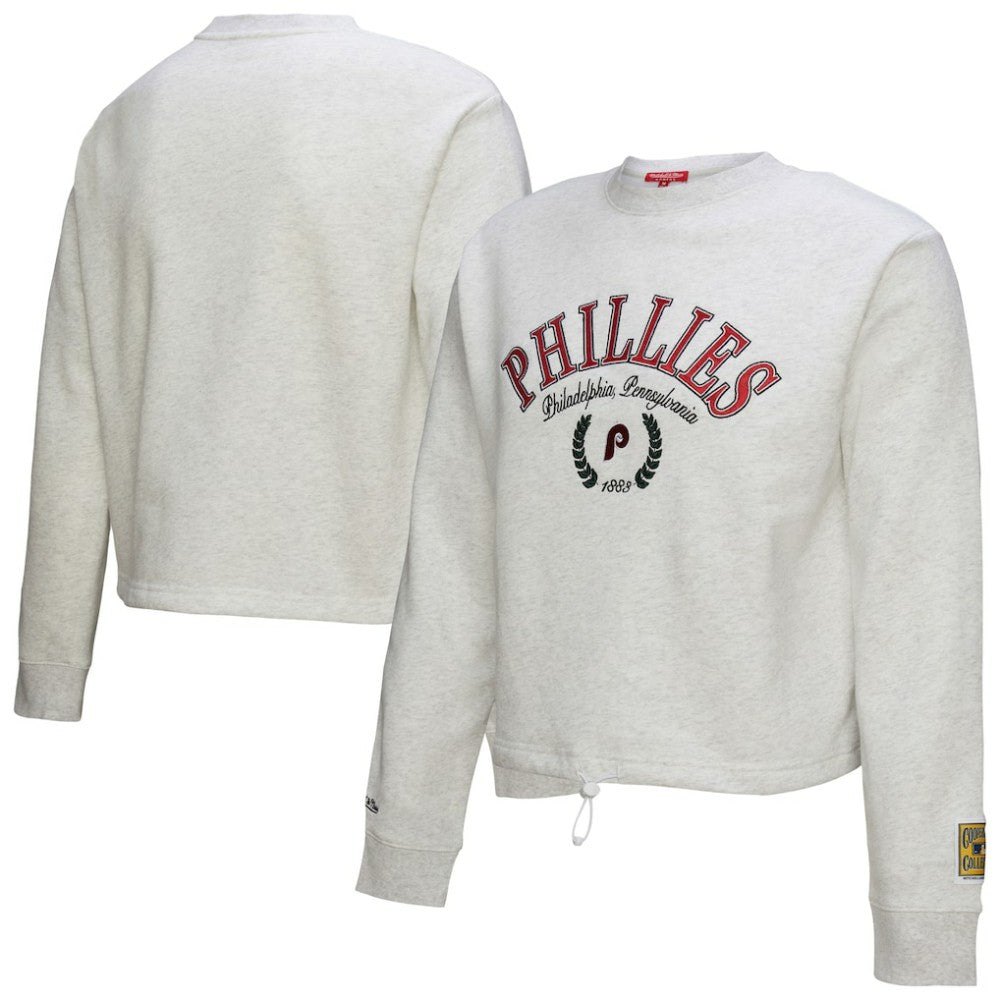 Philadelphia Phillies Women's Cropped Toggle Pullover Sweatshirt - Heather Gray | Mitchell & Ness
