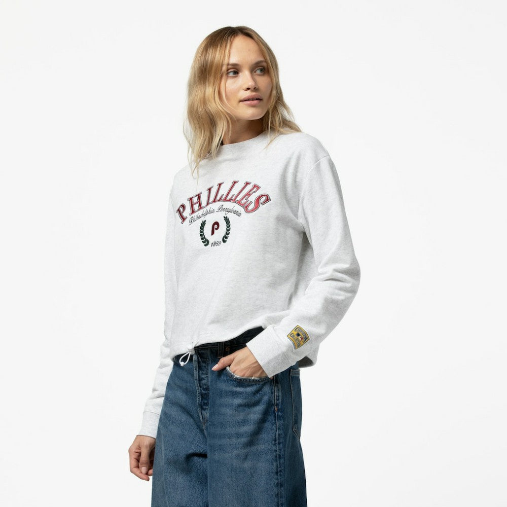 Philadelphia Phillies Women's Cropped Toggle Pullover Sweatshirt - Heather Gray | Mitchell & Ness