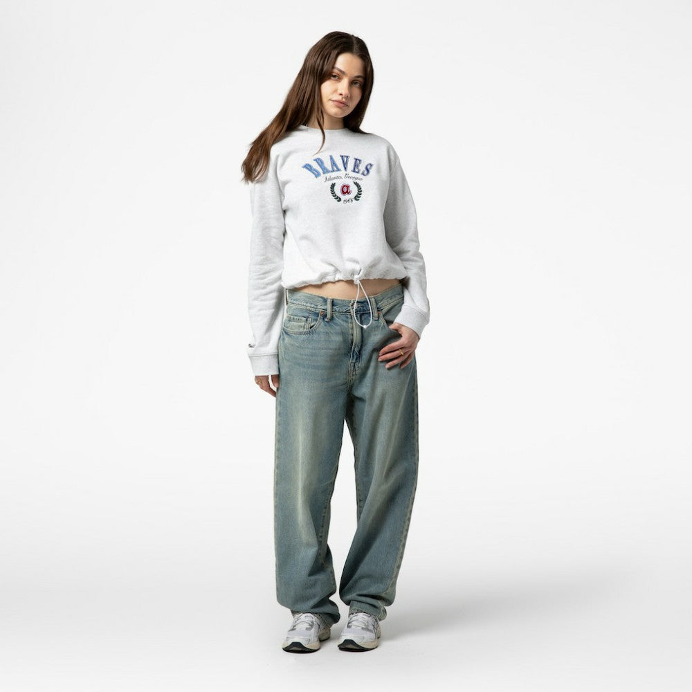 Atlanta Braves Women's Cropped Toggle Pullover Sweatshirt - Heather Gray | Mitchell & Ness