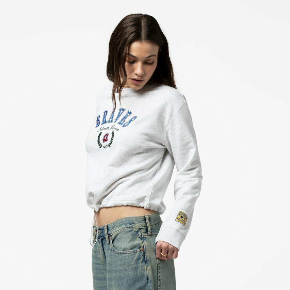 Atlanta Braves Women's Cropped Toggle Pullover Sweatshirt - Heather Gray | Mitchell & Ness