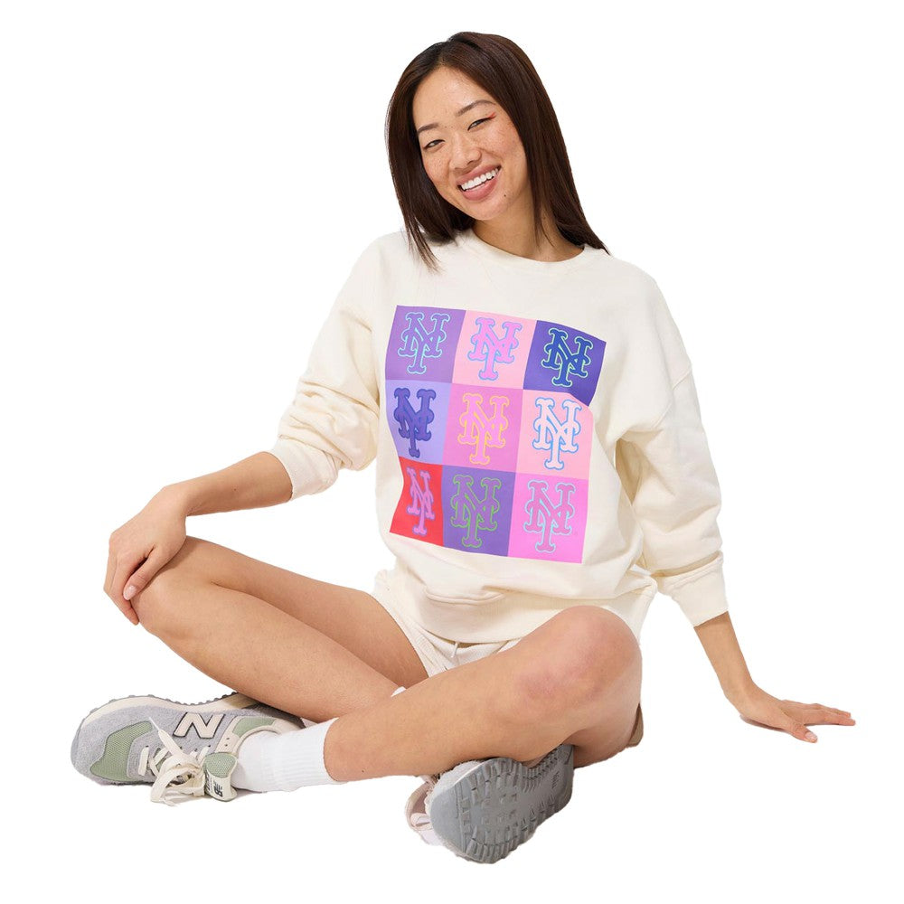 New York Mets Terez Women's Technicolor  Oversized Pullover Sweatshirt - Cream
