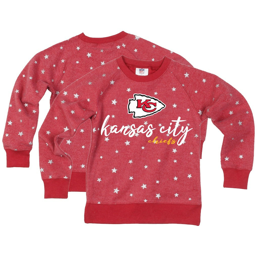 Kansas City Chiefs Wes & Willy Girls Youth Shimmer Star Reverse Fleece Pullover Sweatshirt - Red on sale
