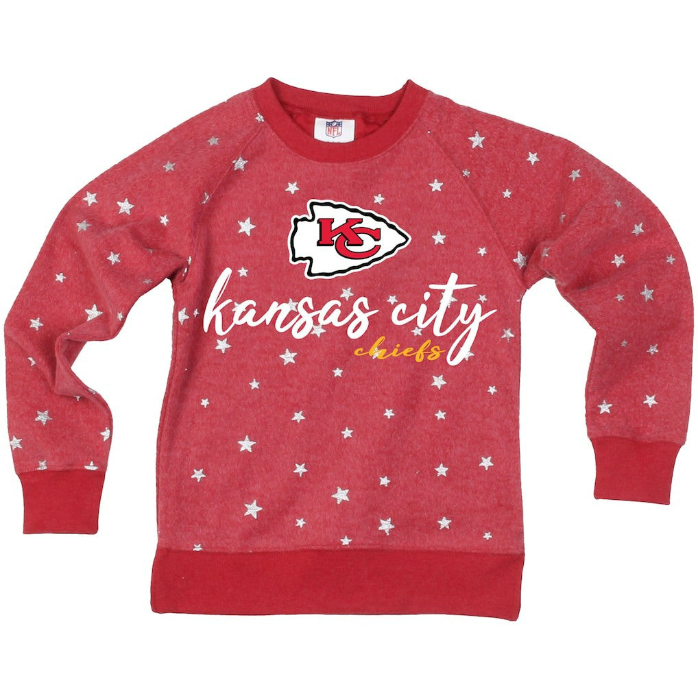 Kansas City Chiefs Wes & Willy Girls Youth Shimmer Star Reverse Fleece Pullover Sweatshirt - Red on sale