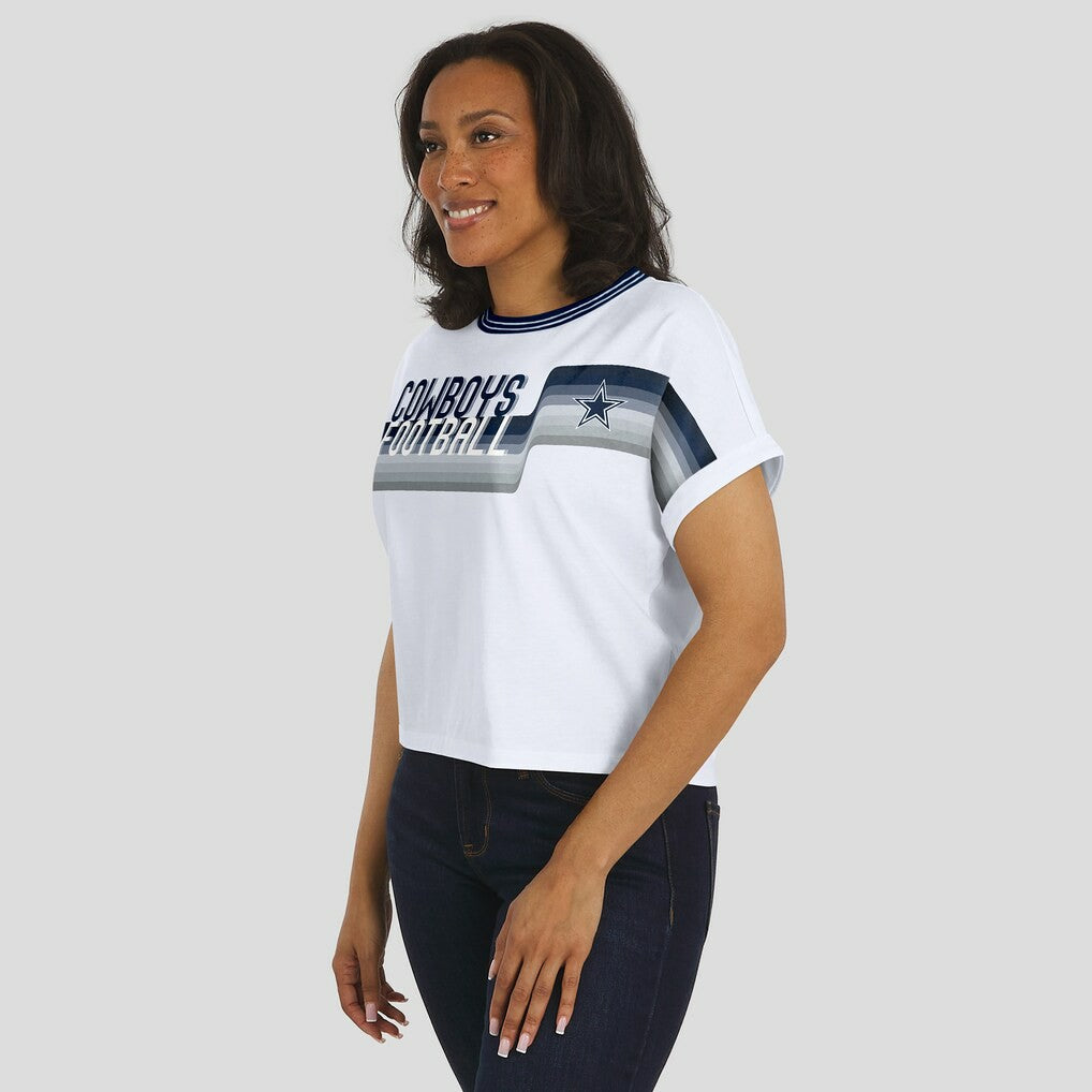 Dallas Cowboys WEAR by Erin Andrews Women's Cropped Center Stripe Dolman T-Shirt - White discount