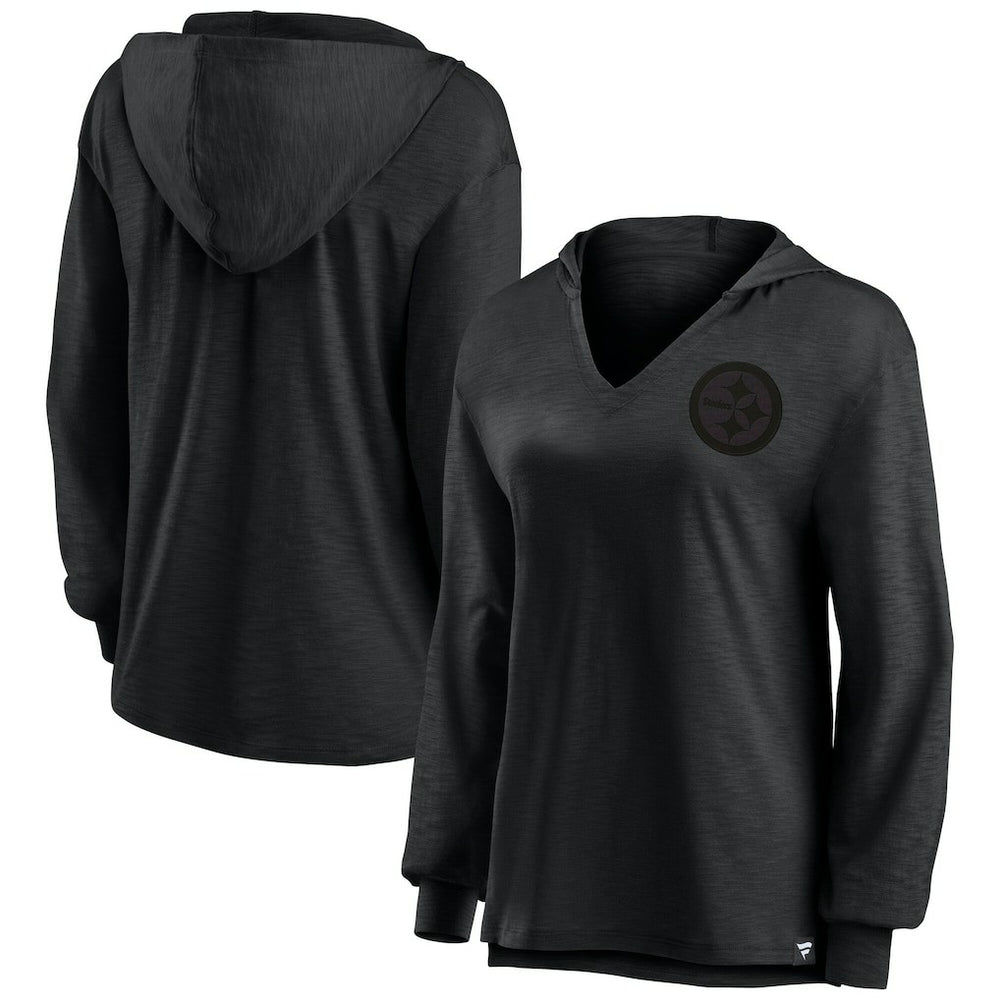 Pittsburgh Steelers Women's Blackout Slub Hoodie V-Neck Long Sleeve T-Shirt sale