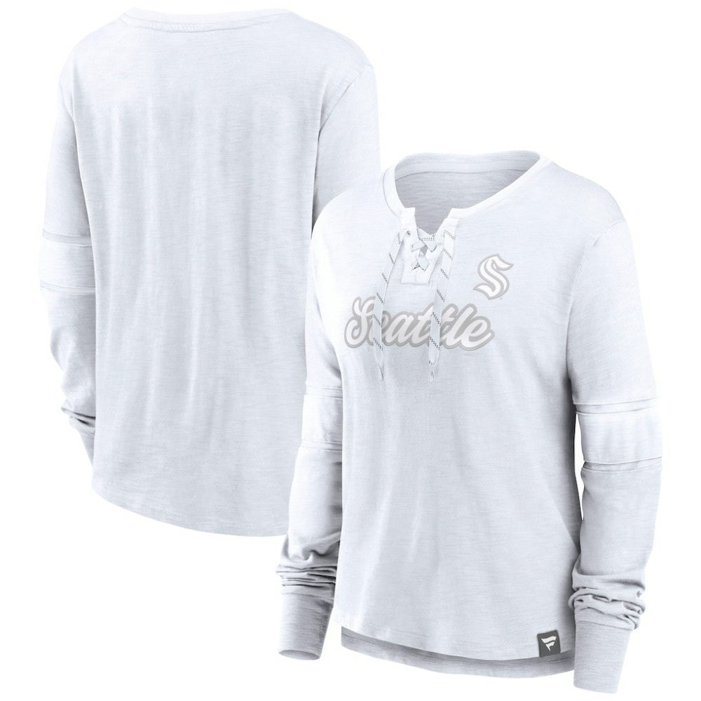 Seattle Kraken Fanatics Women's White Out Lace-Up Fashion Long Sleeve T-Shirt