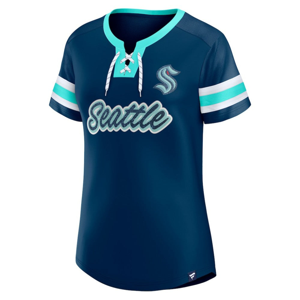 Seattle Kraken Fanatics Women's Iconic Athena Lace-Up T-Shirt Deep Sea Blue