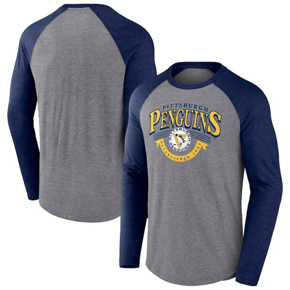 Pittsburgh Penguins Fanatics Goal Crease Raglan Tri-Blend Long Sleeve T-Shirt Heather Gray/Heather Navy