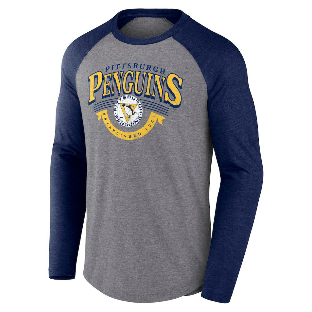 Pittsburgh Penguins Fanatics Goal Crease Raglan Tri-Blend Long Sleeve T-Shirt Heather Gray/Heather Navy