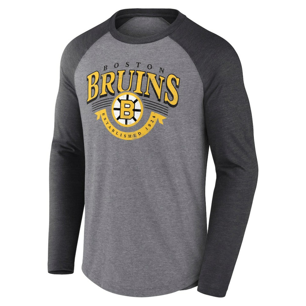 Boston Bruins Fanatics Goal Crease Raglan Tri-Blend Long Sleeve T-Shirt Heather Gray/Heather Charcoal