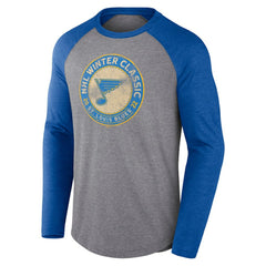 St. Louis Blues Fanatics 2022 NHL Winter Classic Vintage Distressed Raglan Tri-Blend Long Sleeve T-Shirt Heather Gray/Heather Blue