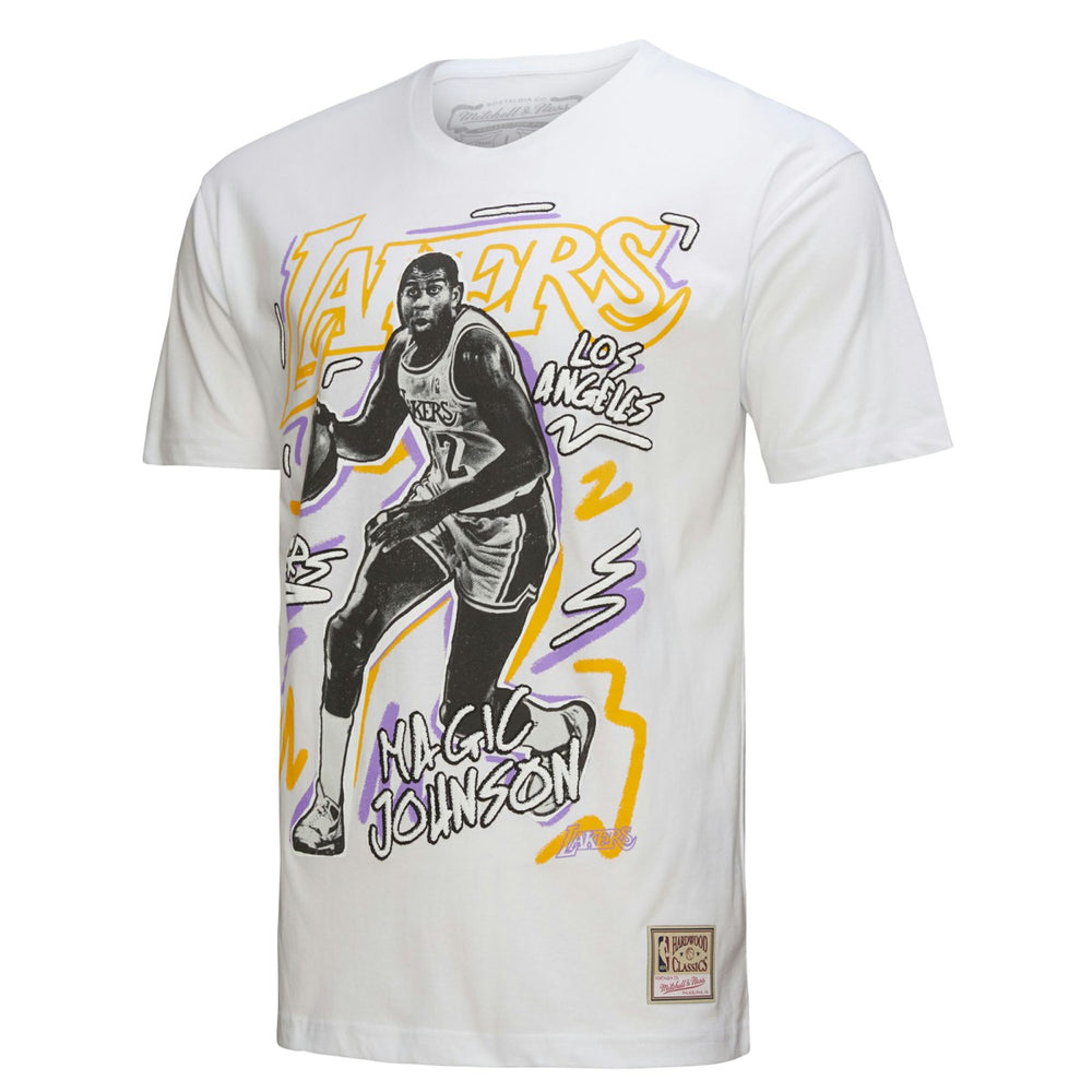 Magic Johnson Los Angeles Lakers Hardwood Classics Chalked Up T-Shirt - White | Mitchell & Ness shop