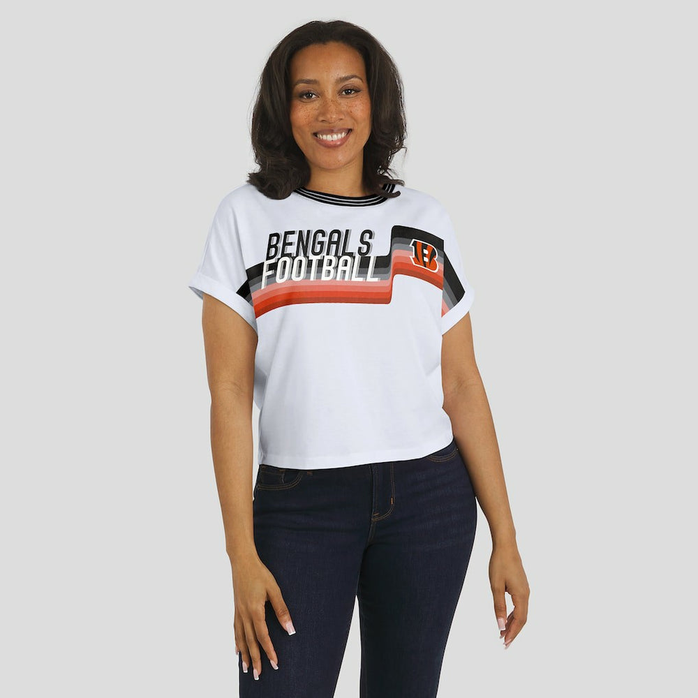 Cincinnati Bengals WEAR by Erin Andrews Women's Cropped Center Stripe Dolman T-Shirt - White outlet