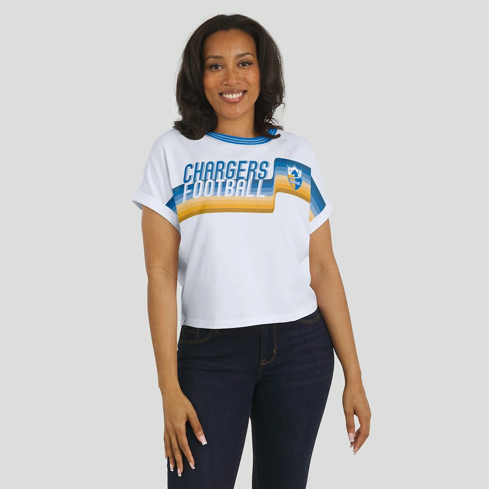 Los Angeles Chargers WEAR by Erin Andrews Women's Cropped Center Stripe Dolman T-Shirt - White sale