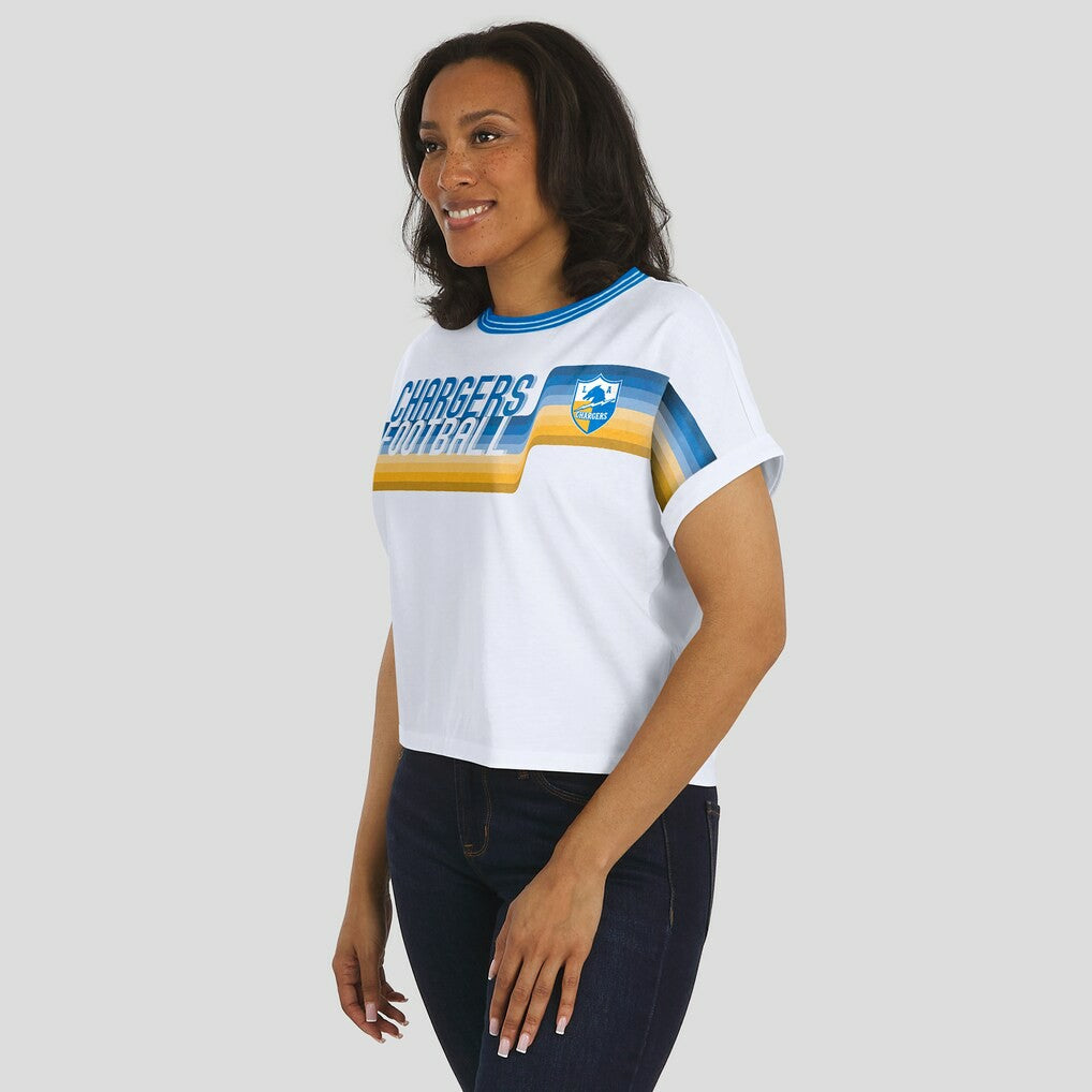 Los Angeles Chargers WEAR by Erin Andrews Women's Cropped Center Stripe Dolman T-Shirt - White sale