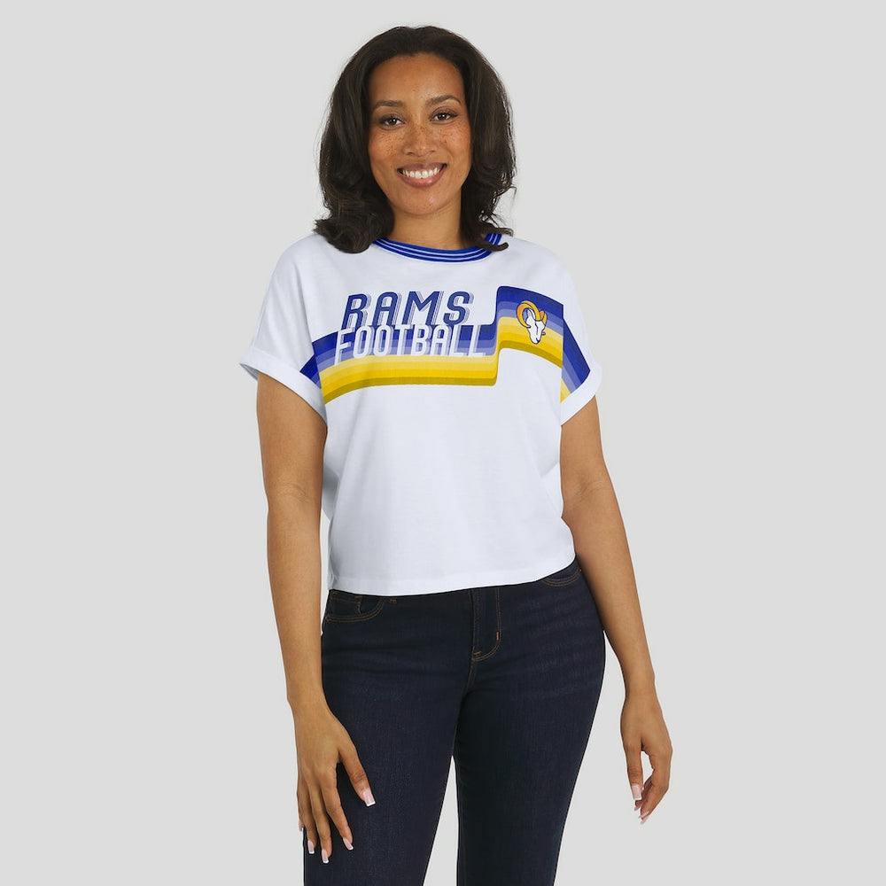 Los Angeles Rams WEAR by Erin Andrews Women's Cropped Center Stripe Dolman T-Shirt - White on sale