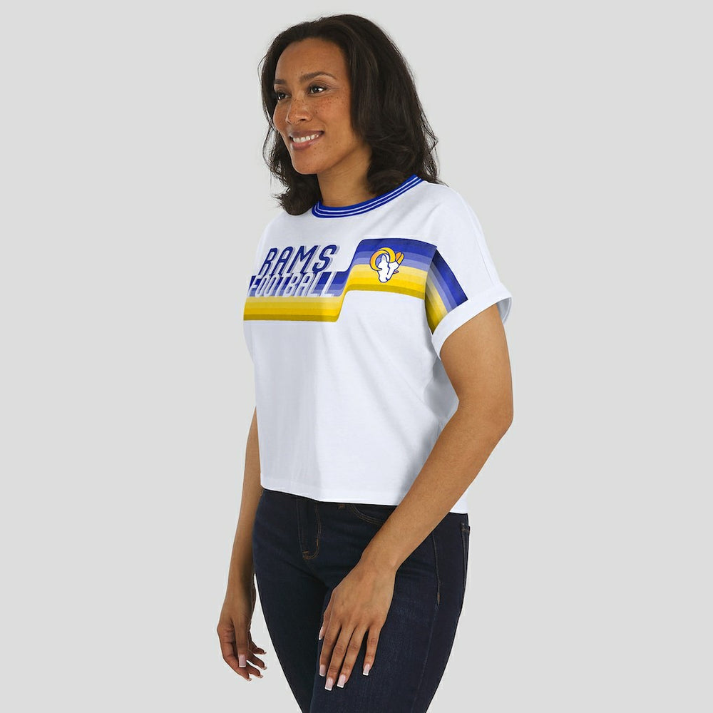 Los Angeles Rams WEAR by Erin Andrews Women's Cropped Center Stripe Dolman T-Shirt - White on sale