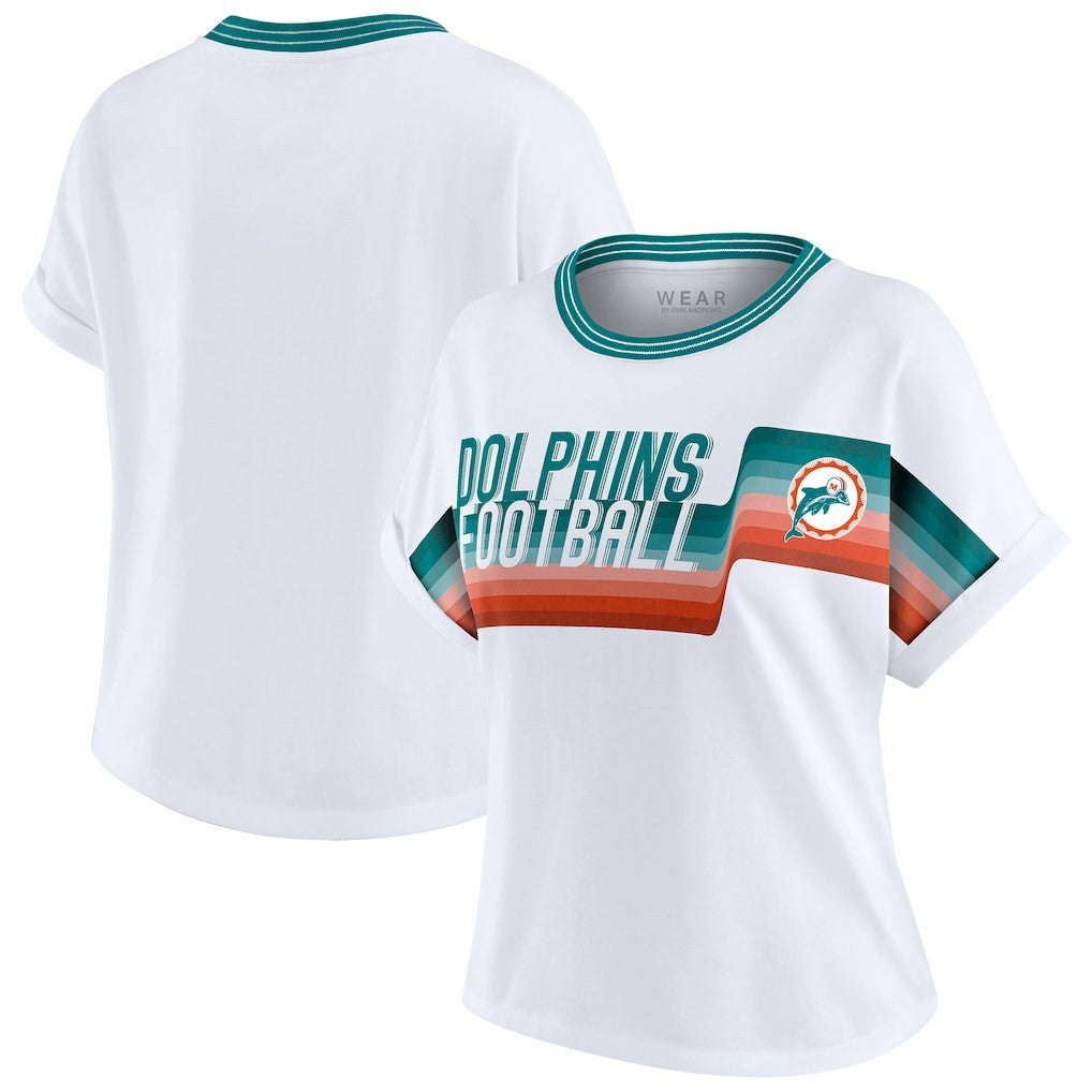 Miami Dolphins WEAR by Erin Andrews Women's Cropped Center Stripe Dolman T-Shirt - White discount