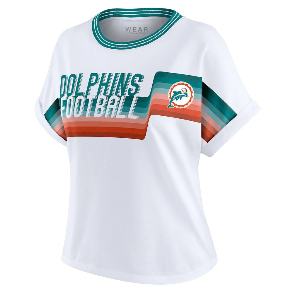 Miami Dolphins WEAR by Erin Andrews Women's Cropped Center Stripe Dolman T-Shirt - White discount