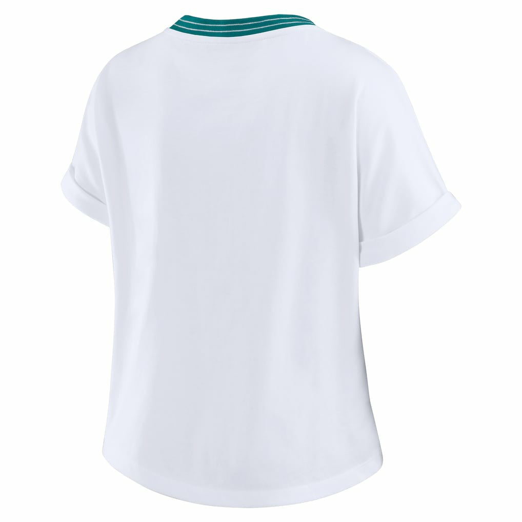 Miami Dolphins WEAR by Erin Andrews Women's Cropped Center Stripe Dolman T-Shirt - White discount