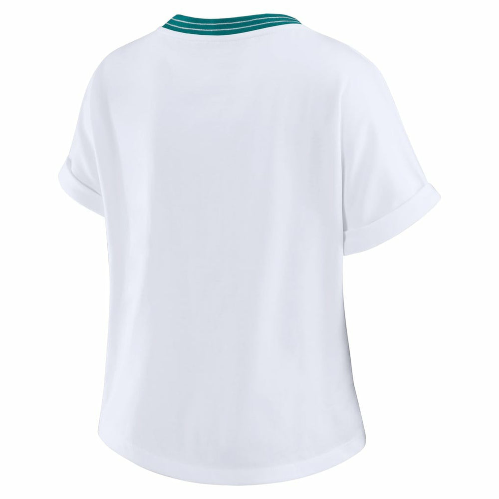 Miami Dolphins WEAR by Erin Andrews Women's Cropped Center Stripe Dolman T-Shirt - White discount