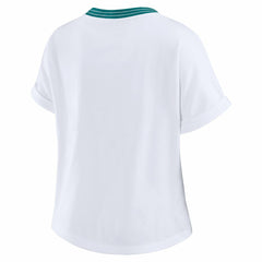 Miami Dolphins WEAR by Erin Andrews Women's Cropped Center Stripe Dolman T-Shirt - White discount