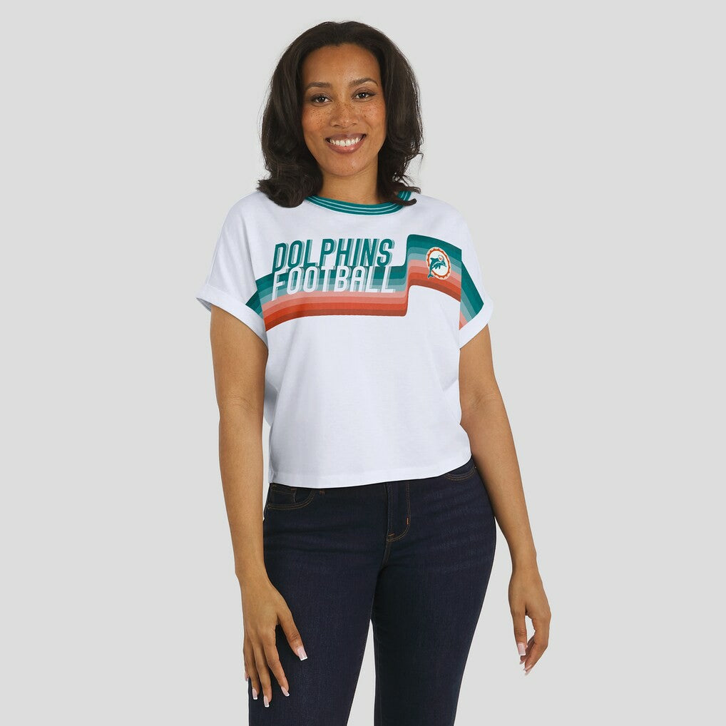 Miami Dolphins WEAR by Erin Andrews Women's Cropped Center Stripe Dolman T-Shirt - White discount