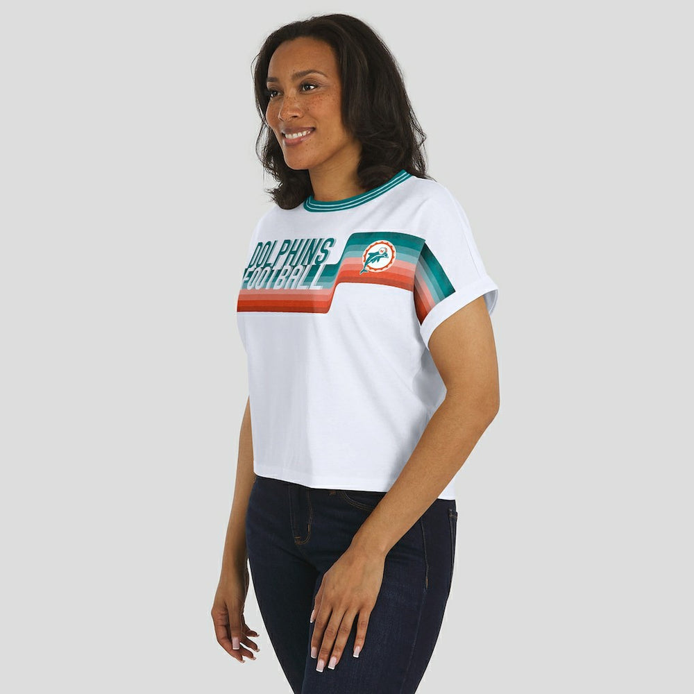 Miami Dolphins WEAR by Erin Andrews Women's Cropped Center Stripe Dolman T-Shirt - White discount