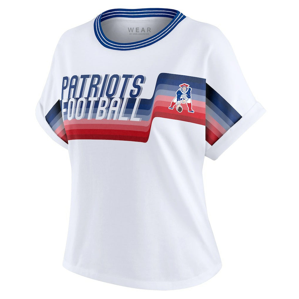 New England Patriots WEAR by Erin Andrews Women's Cropped Center Stripe Dolman T-Shirt - White discount