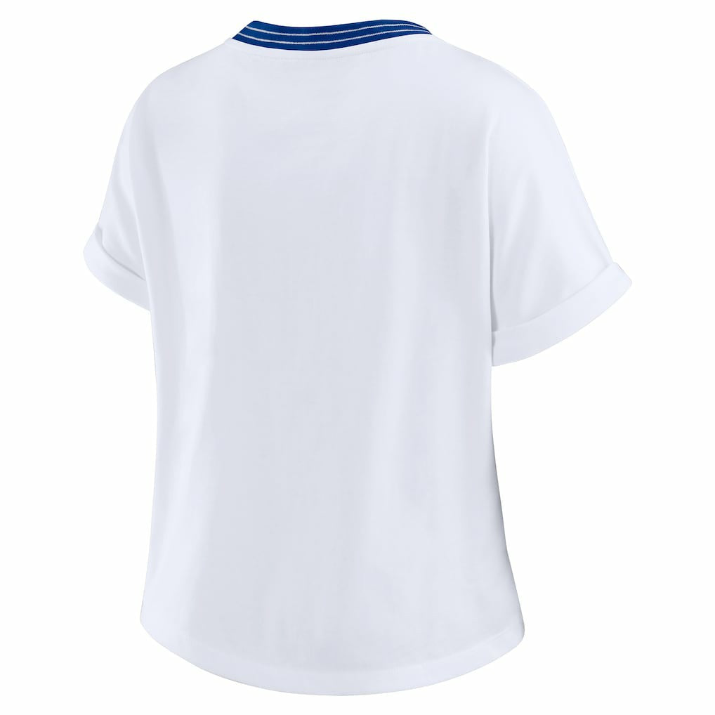 New England Patriots WEAR by Erin Andrews Women's Cropped Center Stripe Dolman T-Shirt - White discount