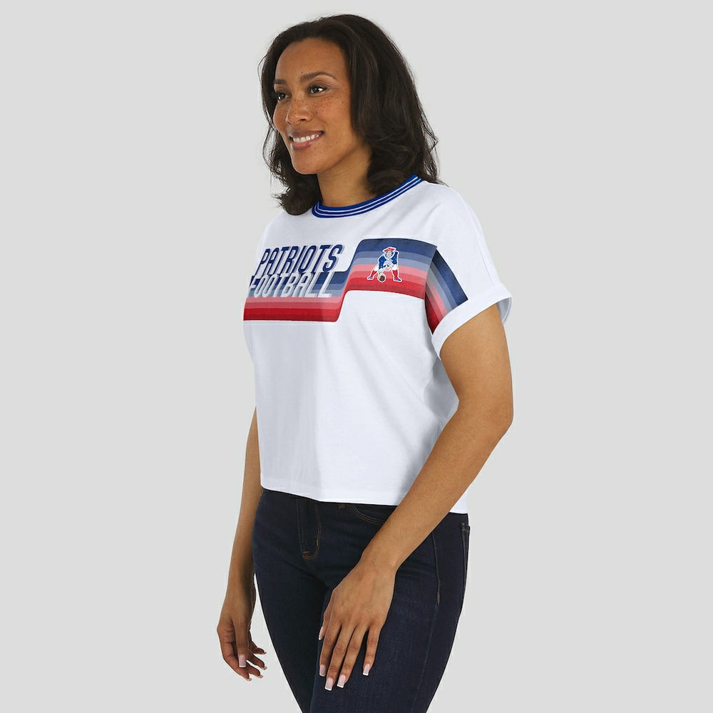 New England Patriots WEAR by Erin Andrews Women's Cropped Center Stripe Dolman T-Shirt - White discount