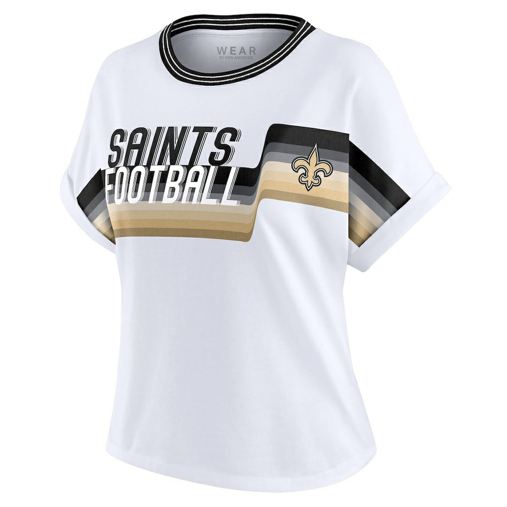New Orleans Saints WEAR by Erin Andrews Women's Cropped Center Stripe Dolman T-Shirt - White on sale