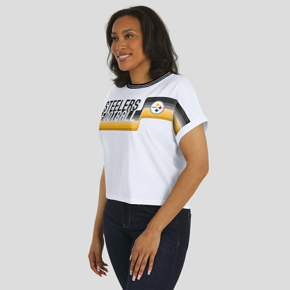 Pittsburgh Steelers WEAR by Erin Andrews Women's Cropped Center Stripe Dolman T-Shirt - White online