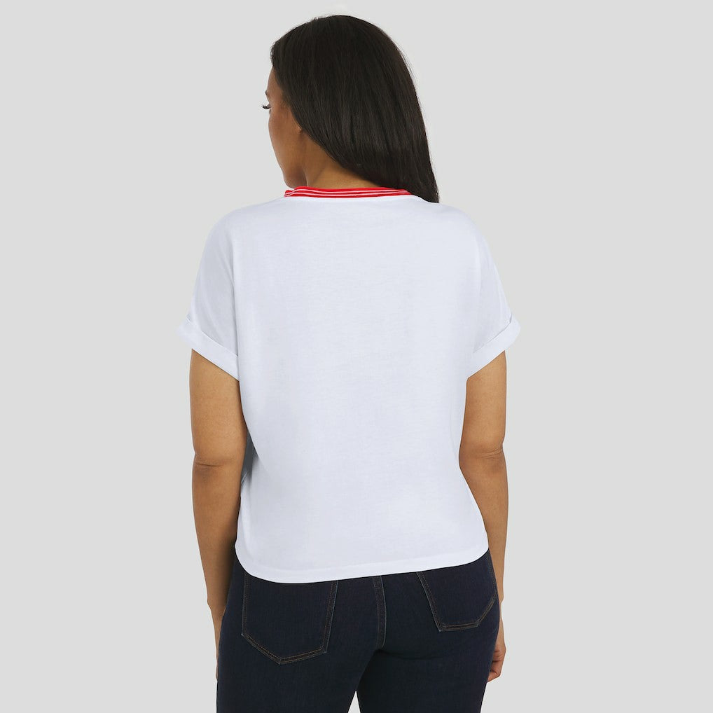 San Francisco 49ers WEAR by Erin Andrews Women's Cropped Center Stripe Dolman T-Shirt - White cheap