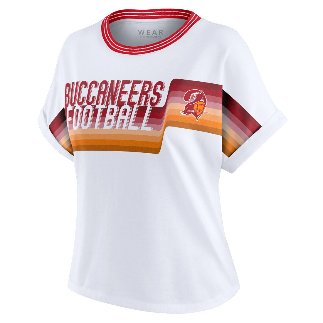 Tampa Bay Buccaneers WEAR by Erin Andrews Women's Cropped Center Stripe Dolman T-Shirt - White cheap