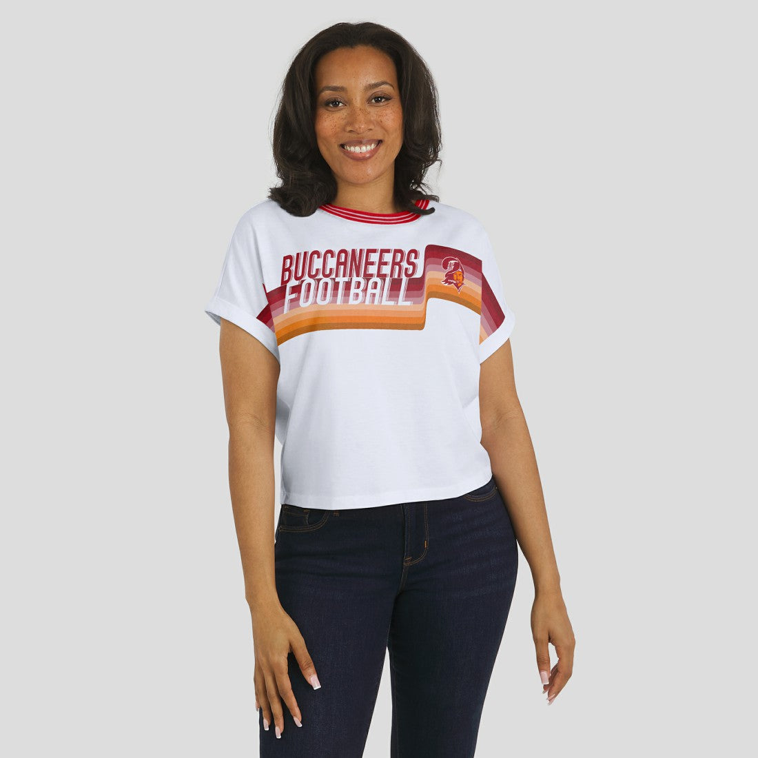 Tampa Bay Buccaneers WEAR by Erin Andrews Women's Cropped Center Stripe Dolman T-Shirt - White cheap