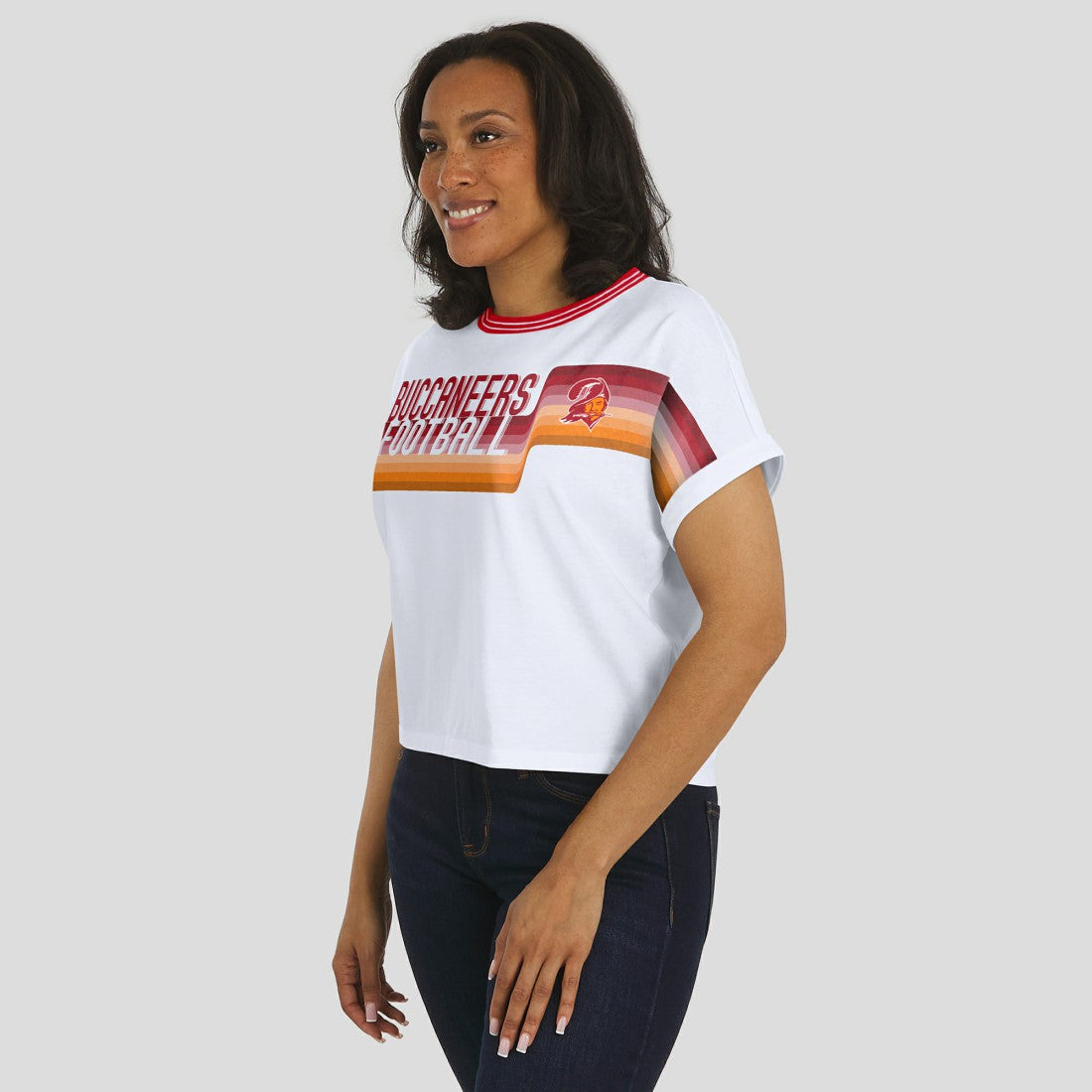 Tampa Bay Buccaneers WEAR by Erin Andrews Women's Cropped Center Stripe Dolman T-Shirt - White cheap