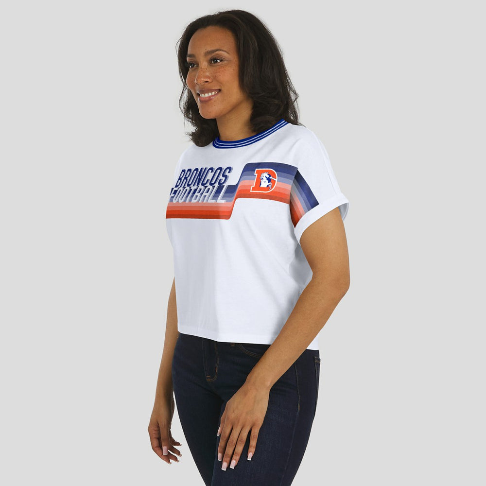 Denver Broncos WEAR by Erin Andrews Women's Cropped Center Stripe Dolman T-Shirt - White discount