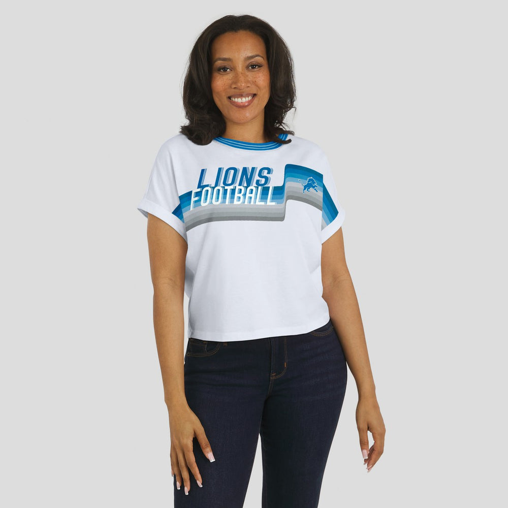 Detroit Lions WEAR by Erin Andrews Women's Cropped Center Stripe Dolman T-Shirt - White online