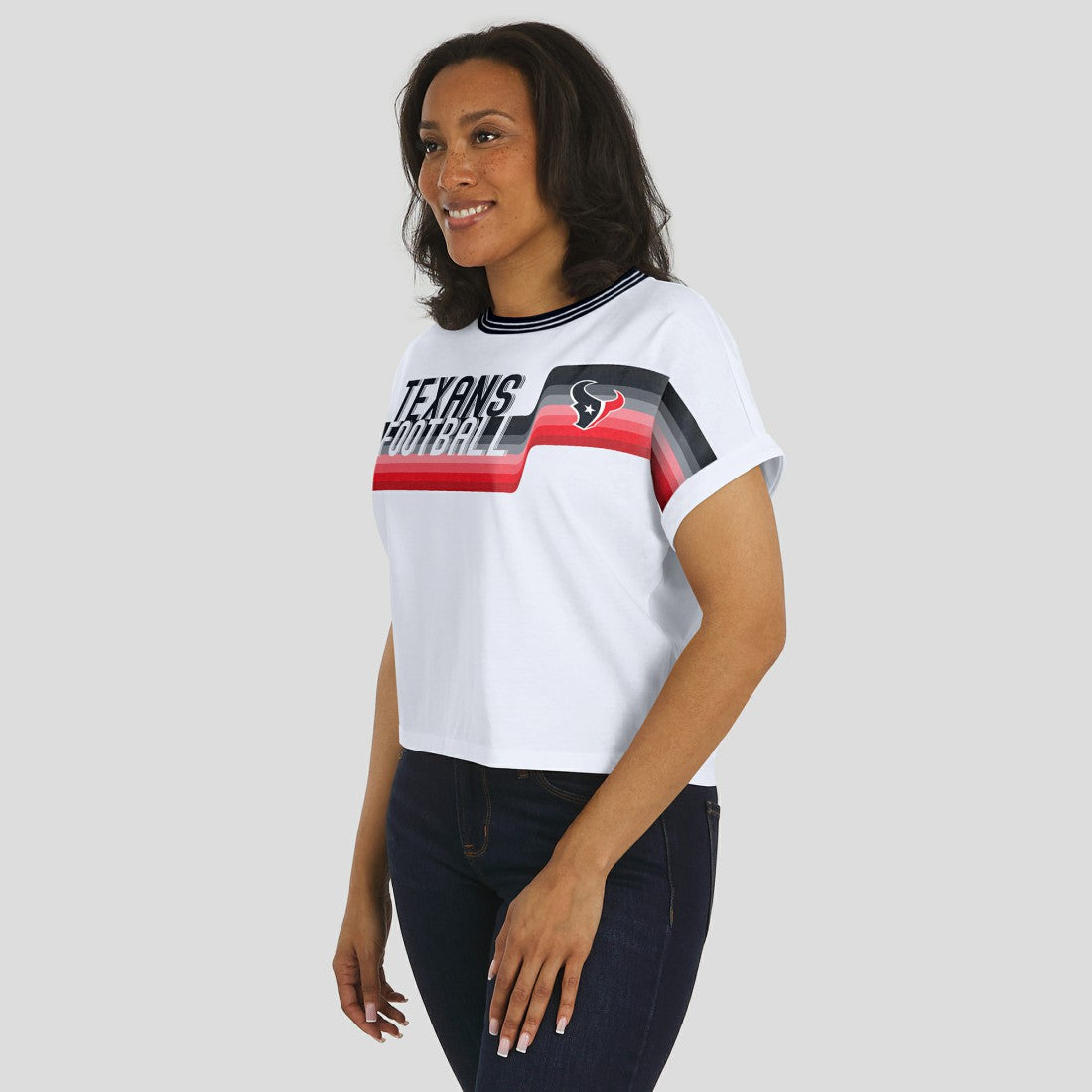 Houston Texans WEAR by Erin Andrews Women's Cropped Center Stripe Dolman T-Shirt - White on sale
