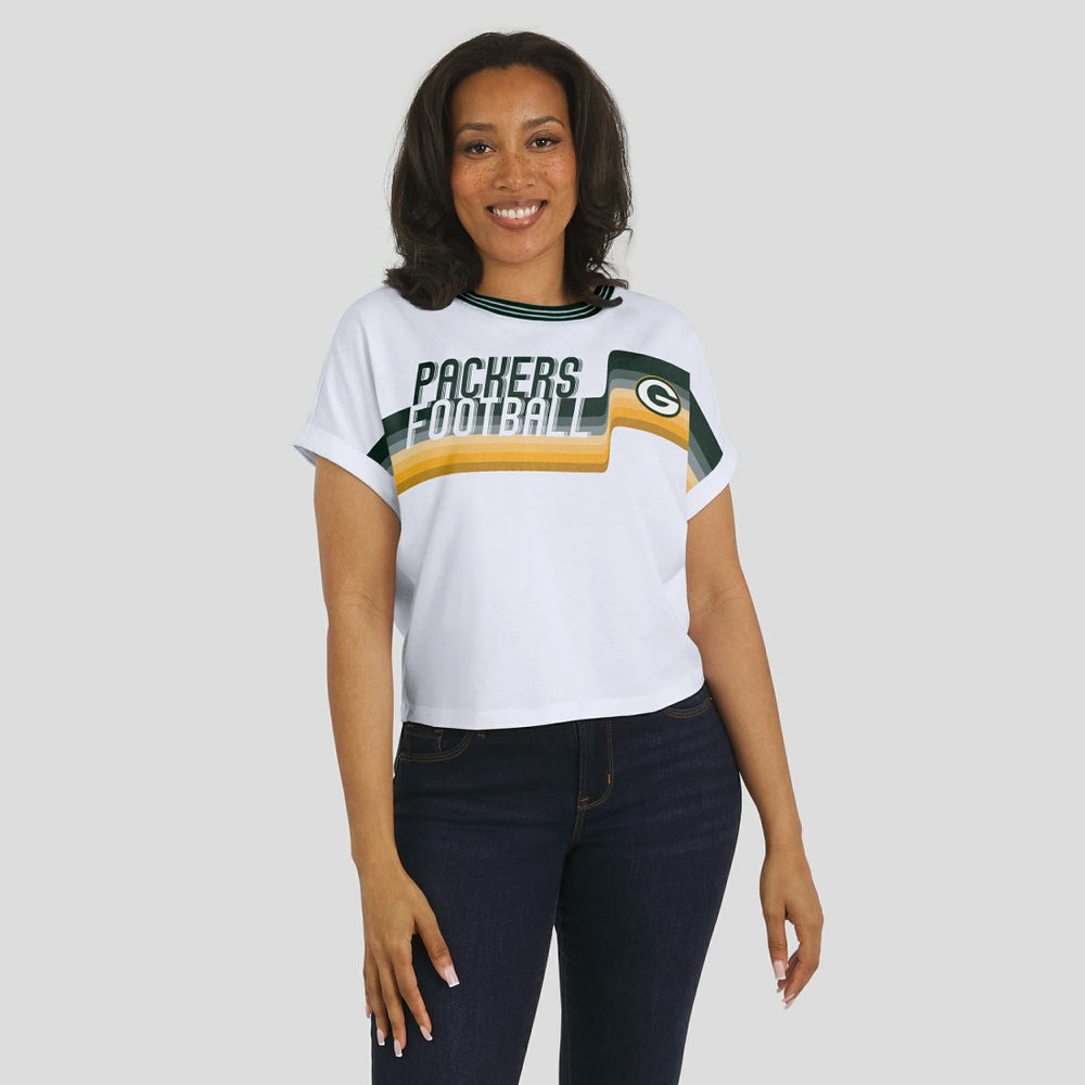 Green Bay Packers WEAR by Erin Andrews Women's Cropped Center Stripe Dolman T-Shirt - White sale