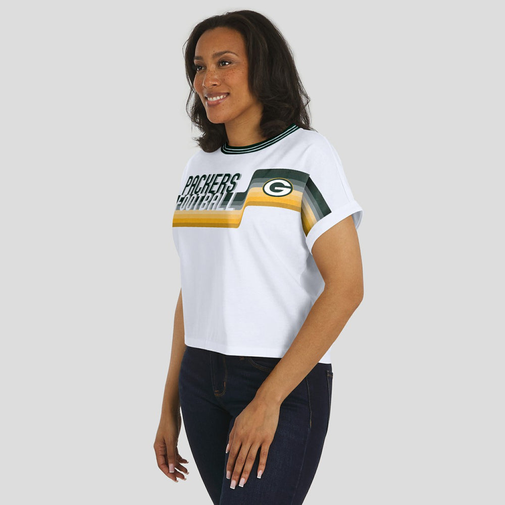 Green Bay Packers WEAR by Erin Andrews Women's Cropped Center Stripe Dolman T-Shirt - White sale