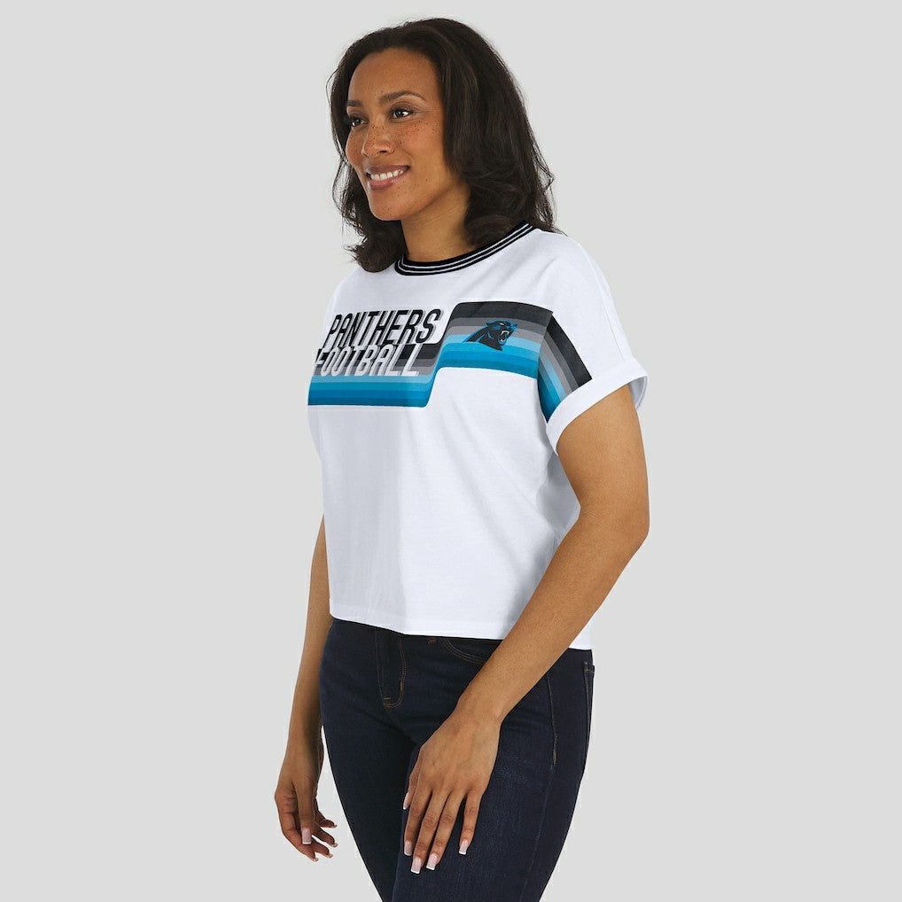 Carolina Panthers WEAR by Erin Andrews Women's Cropped Center Stripe Dolman T-Shirt - White outlet