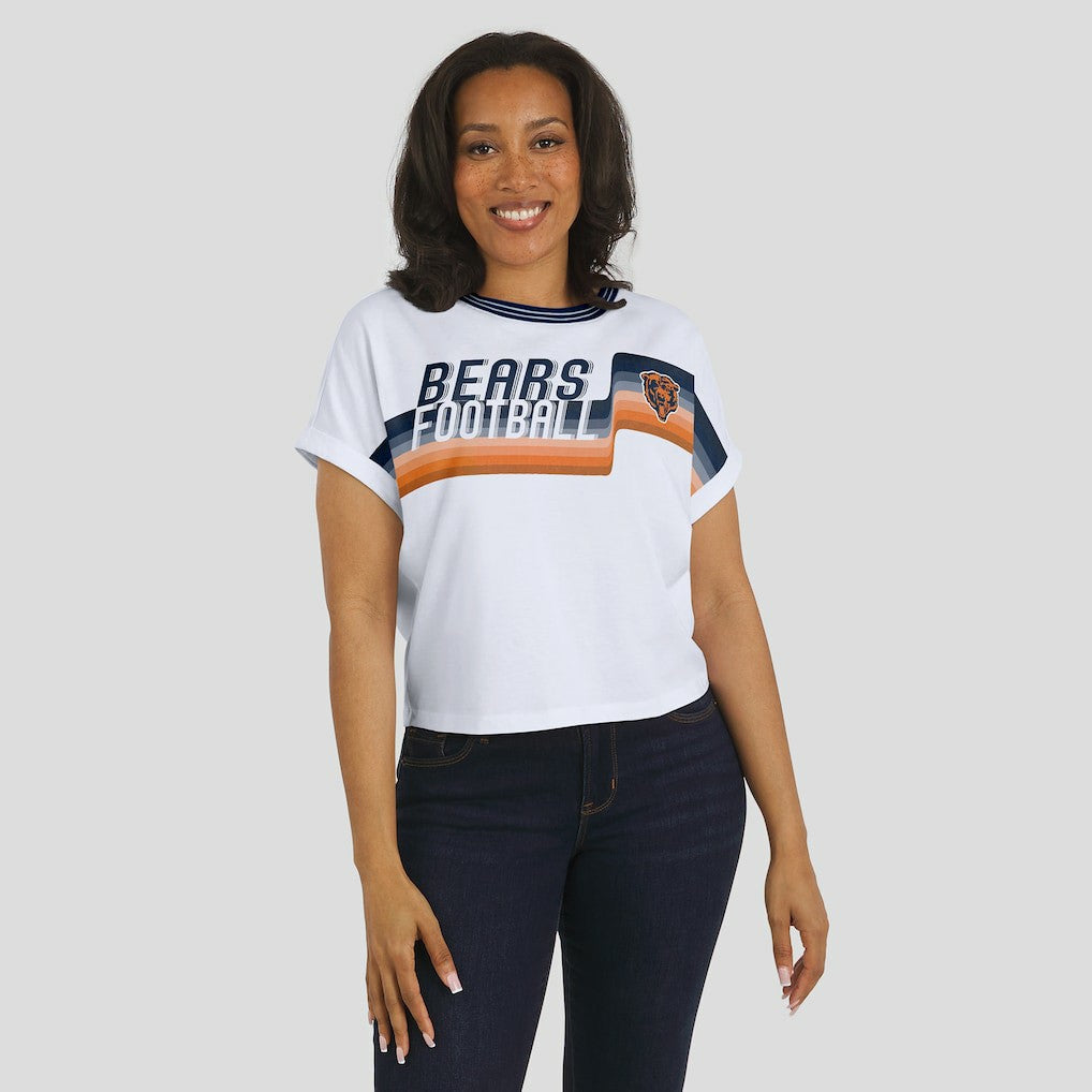 Chicago Bears WEAR by Erin Andrews Women's Cropped Center Stripe Dolman T-Shirt - White discount