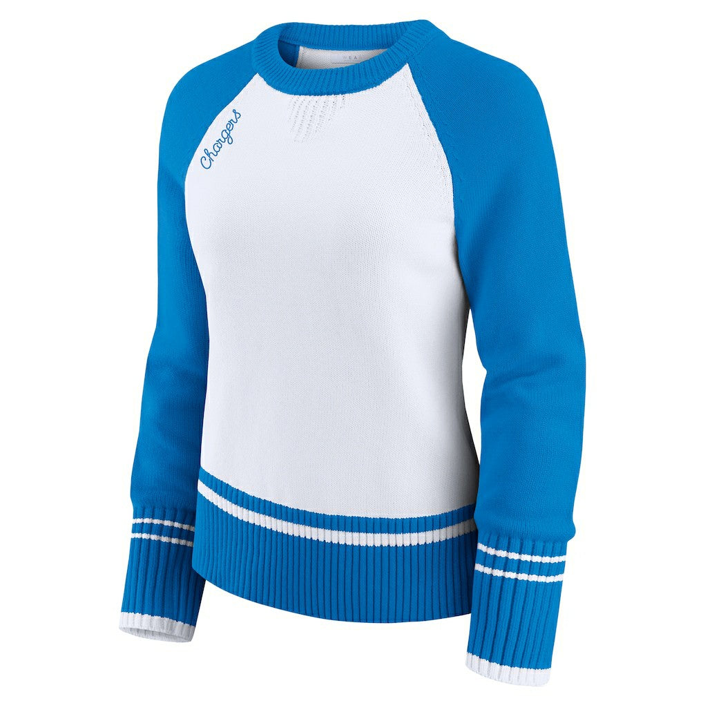 Los Angeles Chargers WEAR by Erin Andrews Women's Colorblock Raglan Sweater - White/Powder Blue on sale
