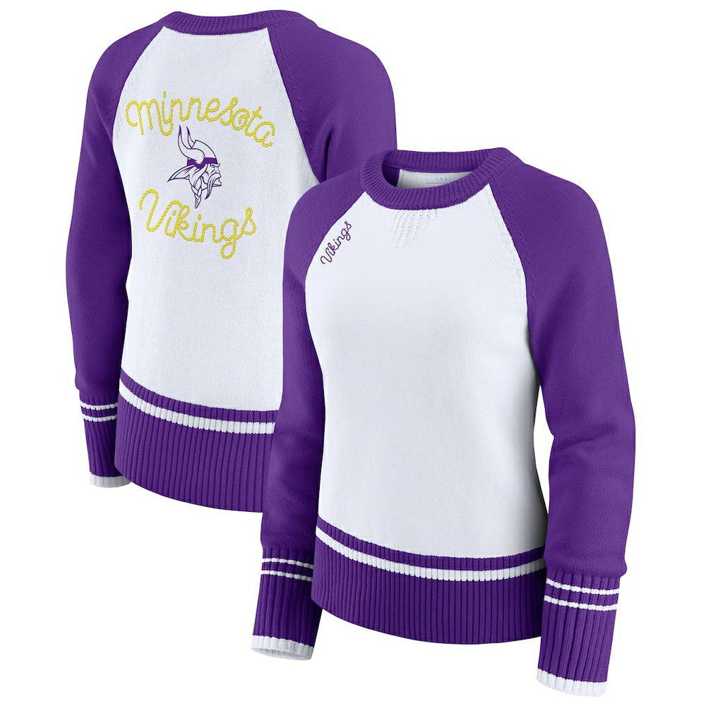 Minnesota Vikings WEAR by Erin Andrews Women's Colorblock Raglan Sweater - White/Purple for sale