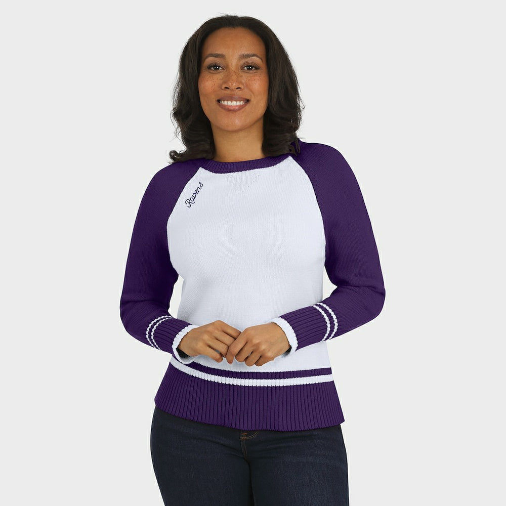 Baltimore Ravens WEAR by Erin Andrews Women's Colorblock Raglan Sweater - White/Purple discount